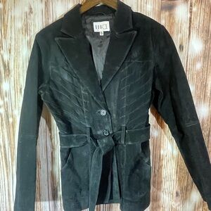 Helium Rough Black Leather Jacket Collared Belted 2 Button Coat, Sz Med